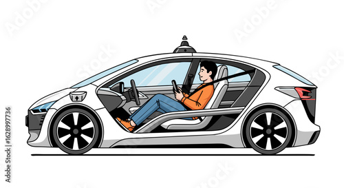 Autonomous Vehicle Concept: Depicting a Future of Self-Driving Cars with Relaxed Passenger in a Modern, Sleek Design Illustrating Technological
