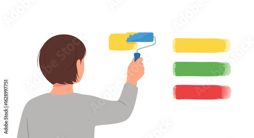 Painting a colorful spectrum on a white canvas: a creative exploration of colors and artistry as person using paint roller expressing creativity