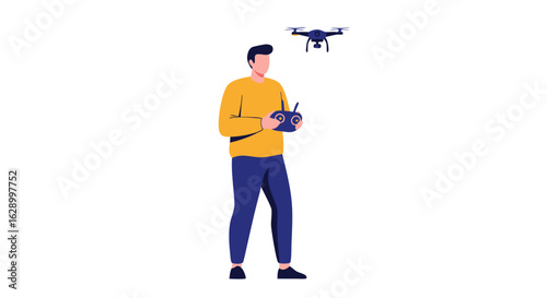 Illustration depicting a man operating a drone, showcasing modern technology and remote-control lifestyle with simplicity and precision in design