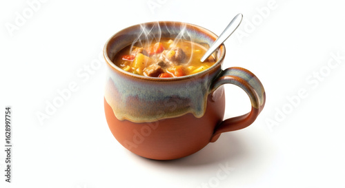 A steaming mug of hearty soup with a spoon on a white background showcasing a rustic bowl