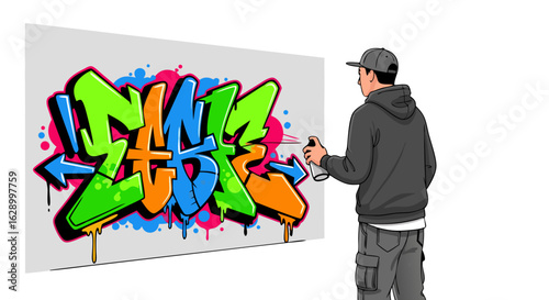 Illustrative graffiti artist creating vibrant street art with aerosol spray, showcasing urban expression and artistic talent in a dynamic, modern