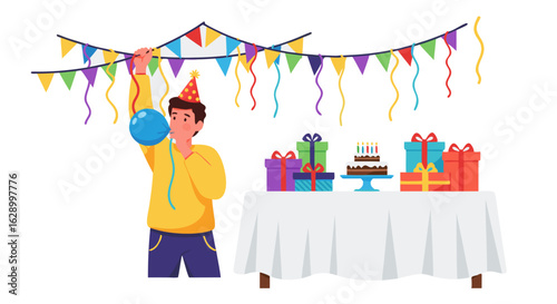 Festive birthday preparation scene with vibrant decorations and a cheerful atmosphere ready for celebration