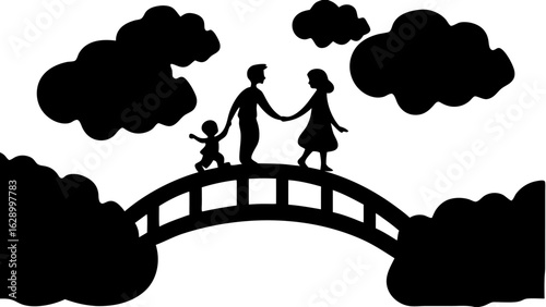 Silhouette of a family holding hands walking across a bridge with clouds in the background in black and white