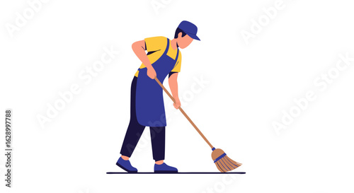 Dedicated Sanitation Worker Sweeping Floors for Cleanliness and Maintenance Depicting Labor Intensive Task with Precision and Care to Deliver