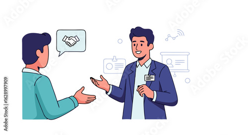 Business Negotiation and Partnership Agreement Concept with Cartoon Style Illustration Portraying Two Men Discussing a Deal