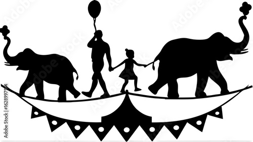 Silhouette of a circus scene with elephants a man and a child walking on a tightrope with a tent below