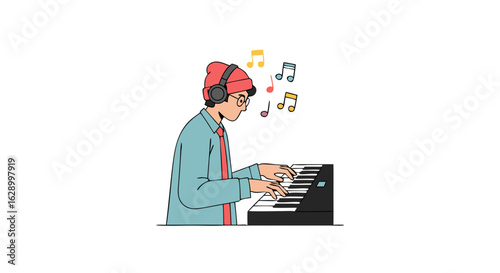 Young musician immersed in creating melody with piano and headphones generating a wave of musical expression in isolated setting
