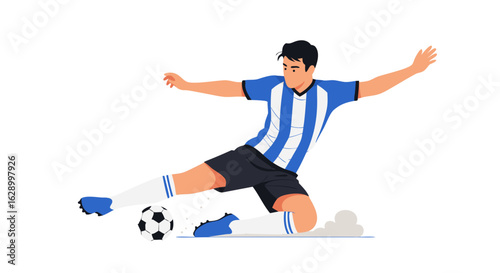 Dynamic cartoon illustration of a soccer player in action poised to kick the ball with strength and precision