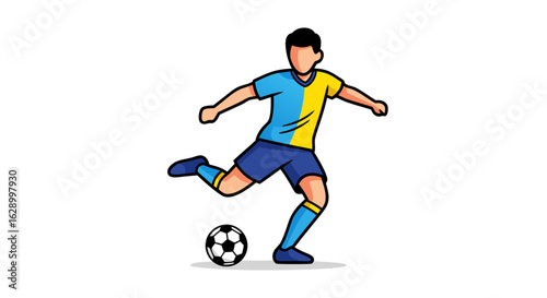 Dynamic soccer player illustration kicking the ball with force and precision on a white background
