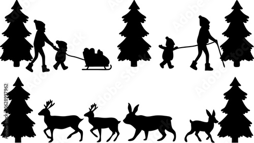 Silhouette illustration of children pulling a sled and deer and rabbits among christmas trees in winter