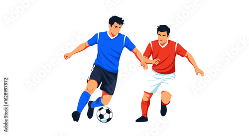 Dynamic football duel: Two players in action during intense soccer match with expressive minimalist style portraying focus and agility