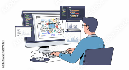 Application developer working on software development with multiple displays and project visualization tools
