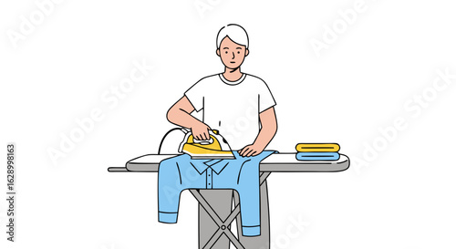 Cartoon Man Ironing Shirt on Ironing Board: Household Chore Illustration