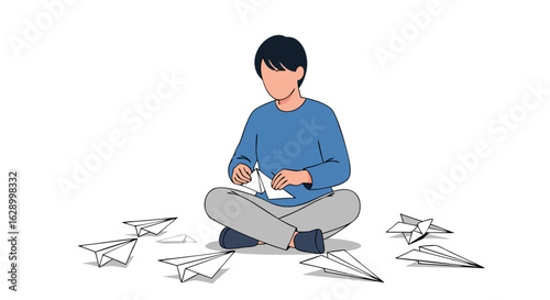 Boy seated making paper airplanes, a nostalgic activity evoking creativity and childhood innocence represented in minimalist style and a bright