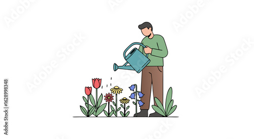 Illustration of a Gardener Watering Colorful Flowers in a Serene White Space Gardening Activity