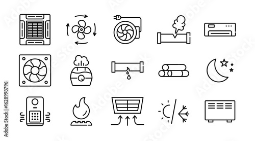HVAC system linear icon set. Heating, ventilation, air conditioning, thermostat, airflow, duct, fan, filter, temperature control, cooling, energy efficiency, repair vector icon set. UI thin line pack