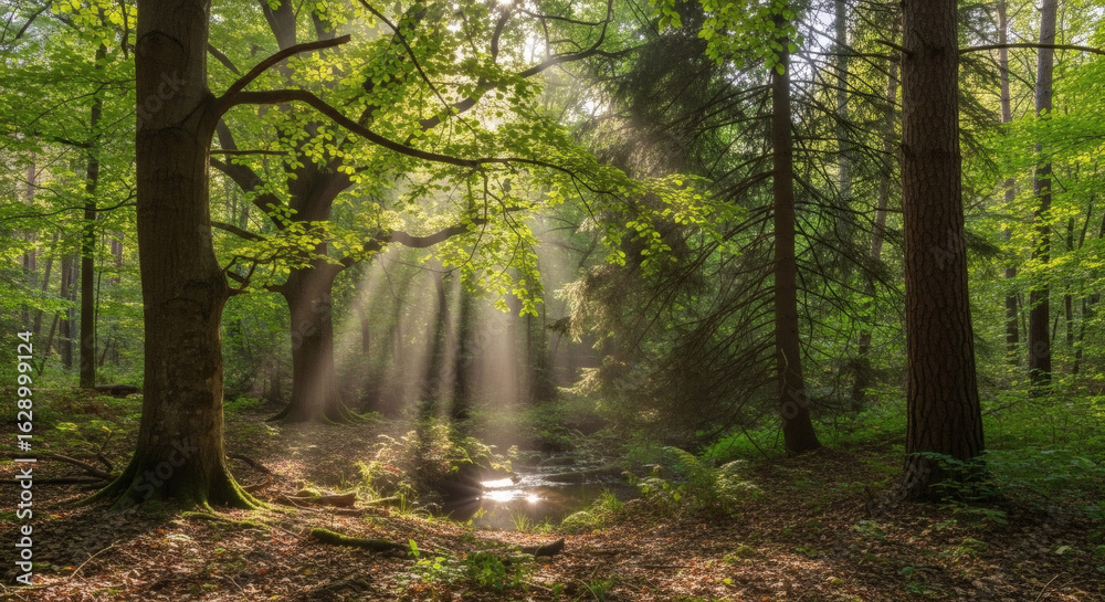 Obraz premium Sunlight streaming through the trees in a lush green forest with leaves and a small stream visible