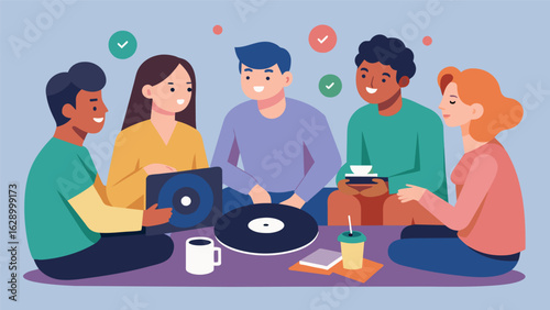 A group of friends gather together for a game night and one of the challenges is to name as many songs as possible that are featured on a vinyl Vector illustration