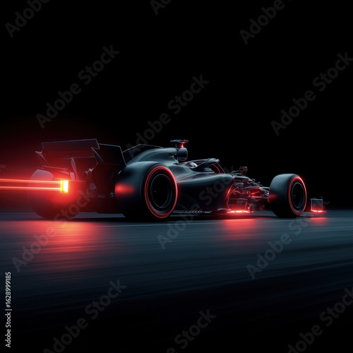 A dynamic Formula 1 car racing with glowing red lights, set against a black background.