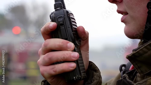 Firefighter Speaking Into Radio Against Muted Green and White City Background