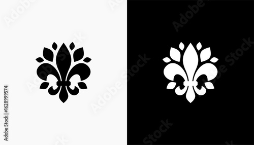 fleur de lis icon isolated on white and black background. Flower Lily Royal Medieval Heraldic french symbol. Classic emblems illustration. Stock clip art