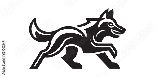 Stylized black and white illustration of a running wolf with decorative design elements on white