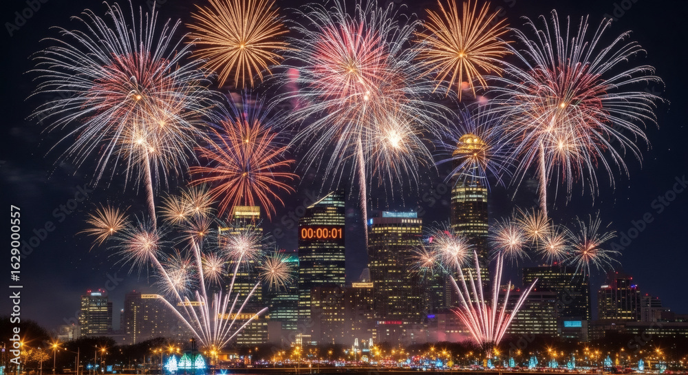 Fototapeta premium Fireworks exploding over a city skyline at night with a countdown clock on a building showing time