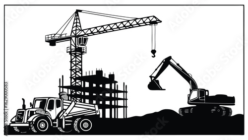 Construction site with heavy machinery crane excavator.eps