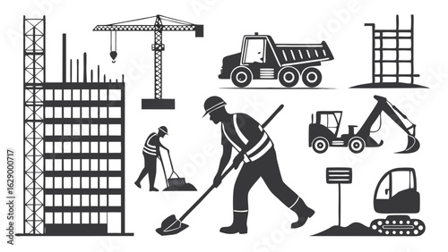 Construction site with workers and machinery building.eps