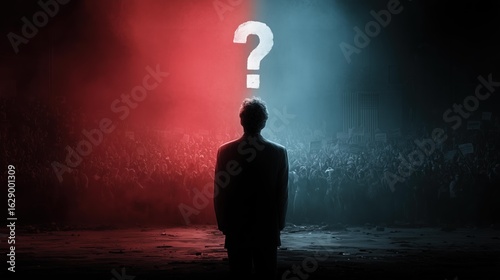 Split-screen of contrasting political rallies, one side red and the other blue, evokes tension and uncertainty. A lone figure stands, questioning the divide. Inspired by themes of choice and conflict.