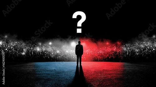 A dramatic split-screen of political rallies, one side red and the other blue, captures the tension and division in contemporary politics. The silhouetted figure stands questioning the future.