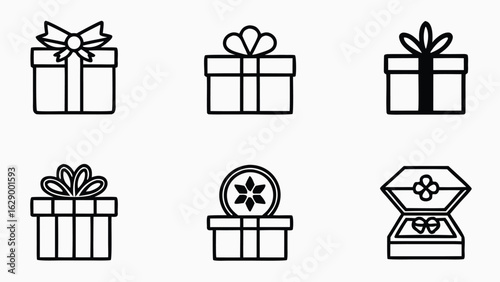 Six Simple Line Art Gift Box Icons:  Present, Celebration, Holiday,  Packaging,  Graphic Design Elements.
