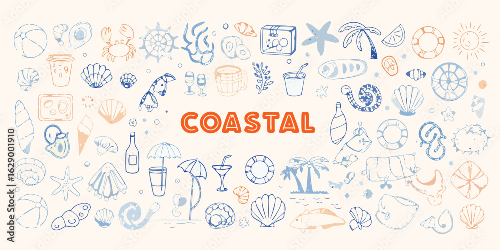 Fototapeta premium Whimsical coastal beach and ocean doodles with the word coastal