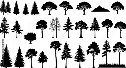 Tree and forest silhouettes - Vector illustration collection of trees and wilderness objects to create your own nature scene.