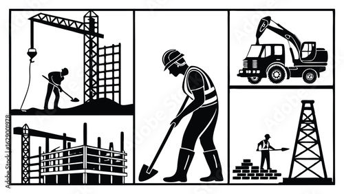 Construction workers and machinery on white background.eps