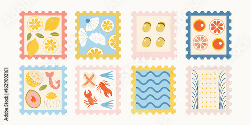 Collection of illustrated postage stamps featuring fruits seafood and abstract designs