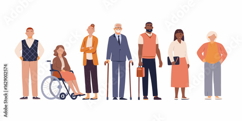 Diverse group of people of different ages and abilities standing together