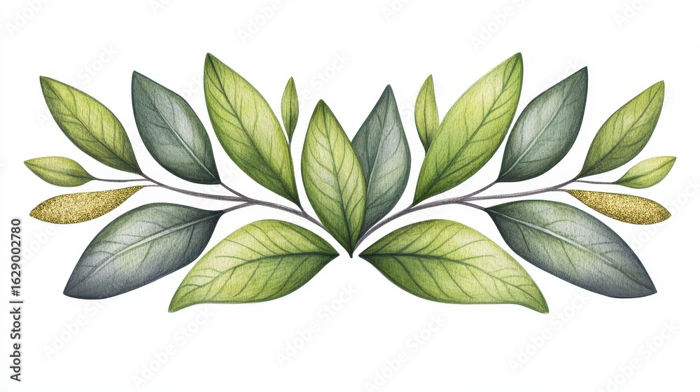 Obraz premium Botanical green leaves decorative illustration design. Foliage and plant arrangement in natural green style. Nature art, organic pattern, elegant texture, minimalist background, modern decorative