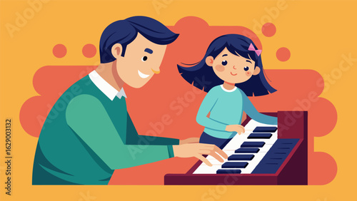 A father teaches his daughter how to play piano passing on the songs and techniques he learned from his own father. Vector illustration