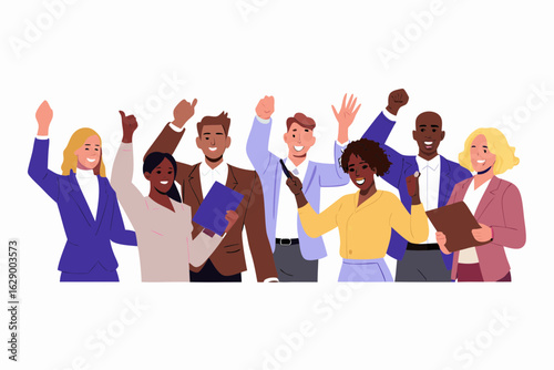 Diverse group of professionals celebrating success with raised arms