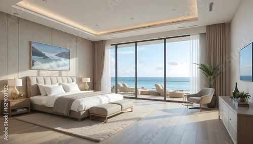 Sea view bedroom and living room in luxury beach house, Modern interior of home office - 3D rendering