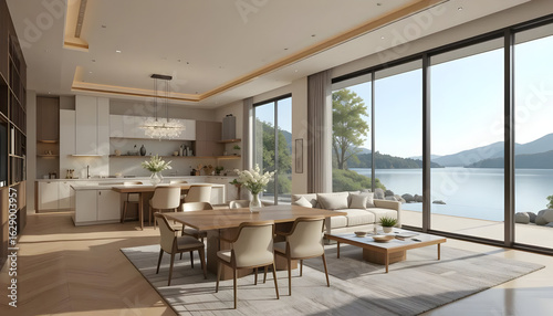 Fototapeta Naklejka Na Ścianę i Meble -  Dining and living room of luxury house with lake view in modern design, Vacation home for big family - Interior 3d rendering