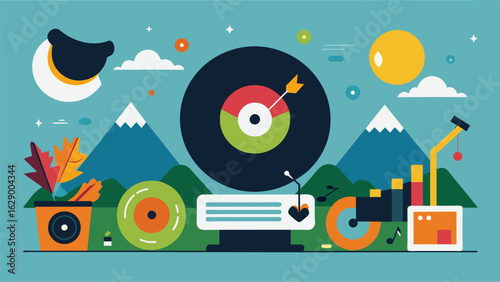 A charity event hosts a silent auction of vinyl record art pieces created by local artists using recycled records to raise funds for environmental Vector illustration
