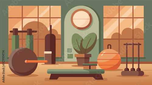 A fitness center with smooth rounded equipment and calming earth tone colors for a soothing and harmonious environment.. Vector illustration