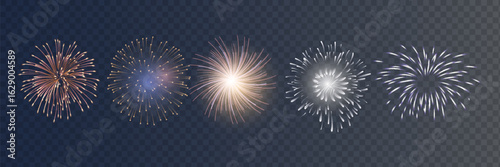 set of isolated vector fireworks on a transparent background.