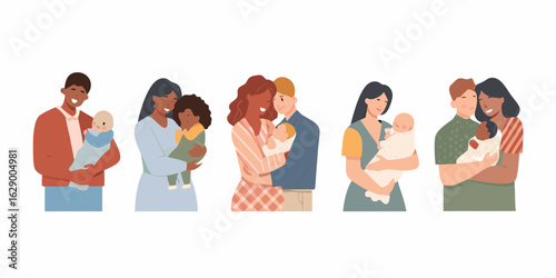 Diverse families holding and embracing their babies with love and care
