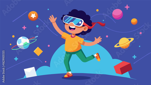 A child explores a virtual reality environment completing challenges and activities that encourage them to move and engage their body in a fun and. Vector illustration