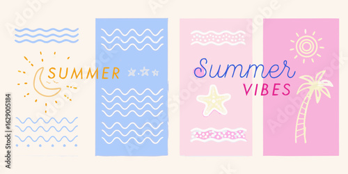 Summer vibes with sun moon palm tree and ocean waves