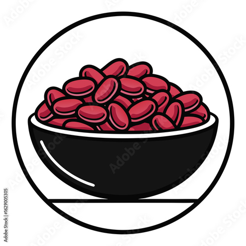 A black bowl filled with red kidney beans inside a circular outline