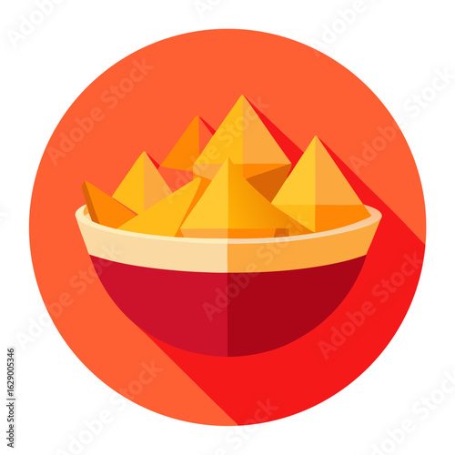 Flat design illustration of a red bowl filled with golden yellow tortilla chips and a long shadow